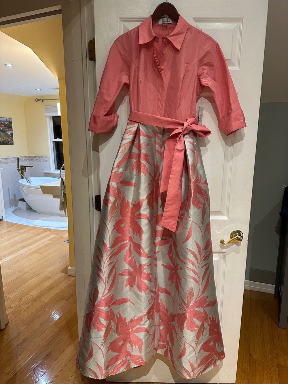 Teri Jon Coral Pink Button-Front Top with Tie Waist